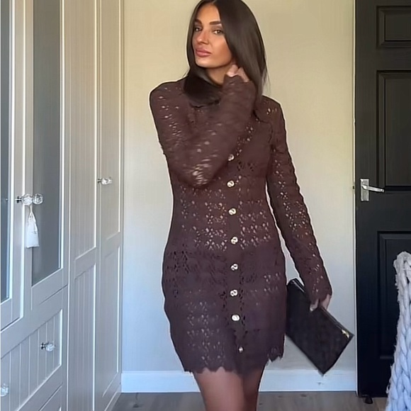 H&M DARK BROWN CROCHET-LOOK DRESS SIZE S - Picture 4 of 12